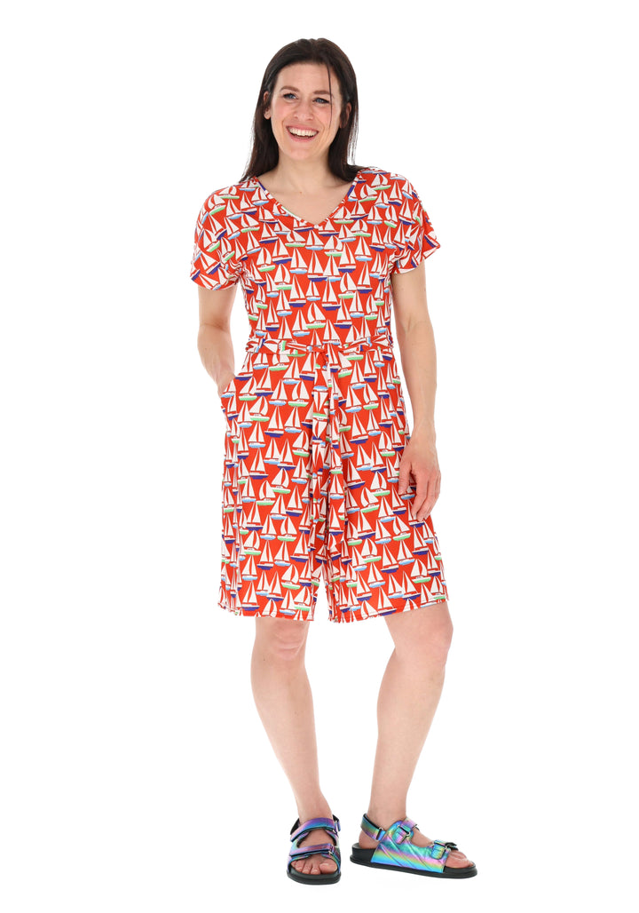 Fifth angle of Shore Red Sailboats Print Jersey Playsuit