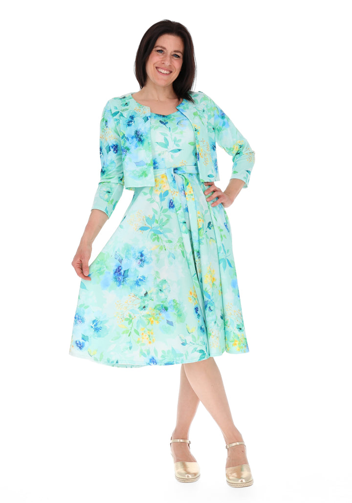 Fifth angle of Rylah Blue Floral Scuba Crepe Bolero Jacket, soft blue bolero with floral inspired print.