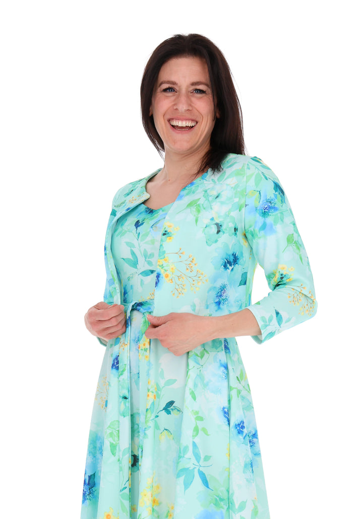 Fourth angle of Rylah Blue Floral Scuba Crepe Bolero Jacket, soft blue bolero with floral inspired print.