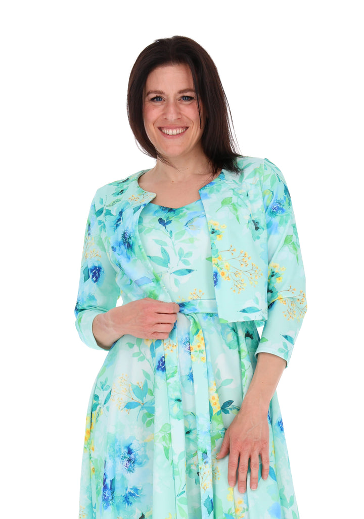 Sixth angle of Rylah Blue Floral Scuba Crepe Bolero Jacket, soft blue bolero with floral inspired print.
