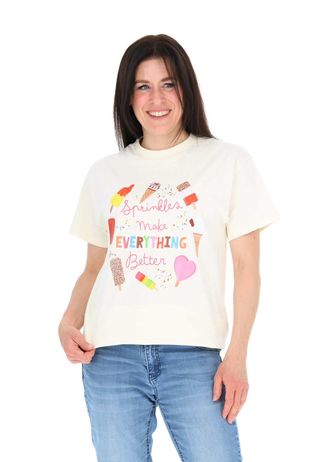 Second angle of Sprinkles Graphic Print T-Shirt (Cream), a cream tee with "Sprinkles Make Everything Better" positive slogan.