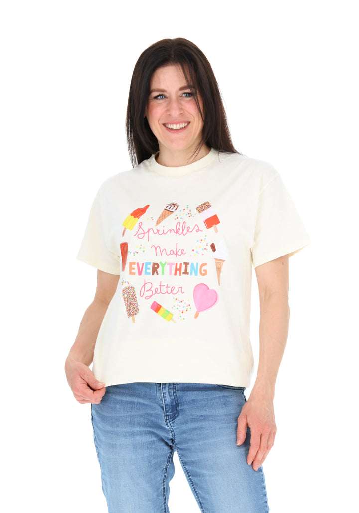 Second angle of Sprinkles Graphic Print T-Shirt (Cream), a cream tee with "Sprinkles Make Everything Better" positive slogan.