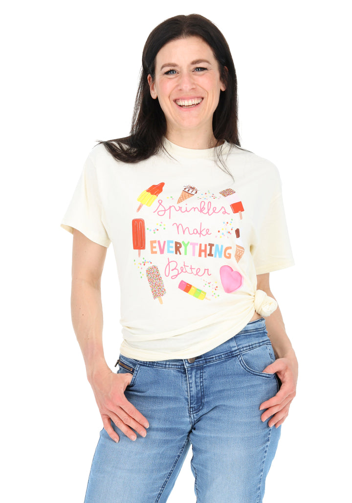 Fourth angle of Sprinkles Graphic Print T-Shirt (Cream), a cream tee with "Sprinkles Make Everything Better" positive slogan.