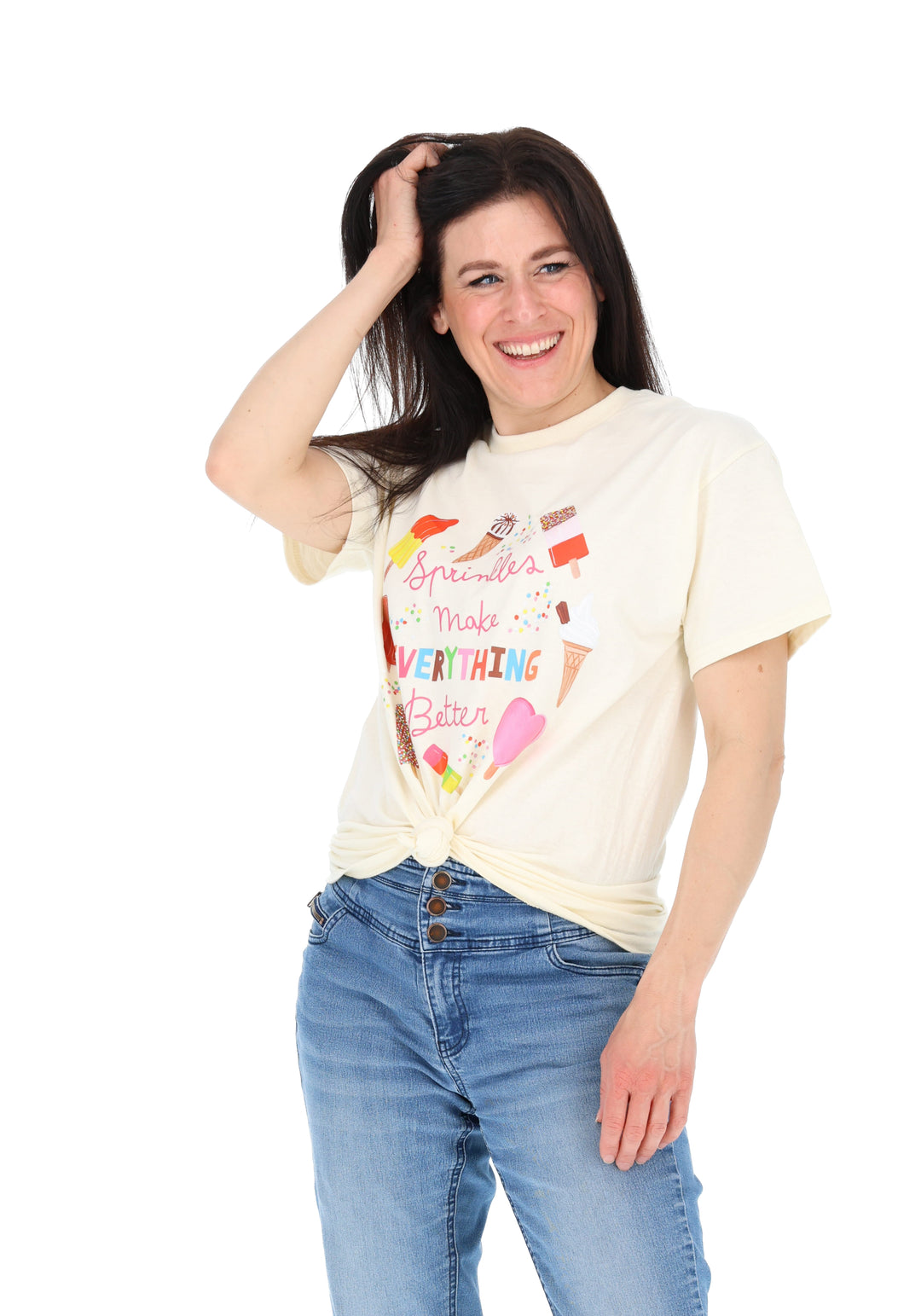 Sixth angle of Sprinkles Graphic Print T-Shirt (Cream), a cream tee with "Sprinkles Make Everything Better" positive slogan.
