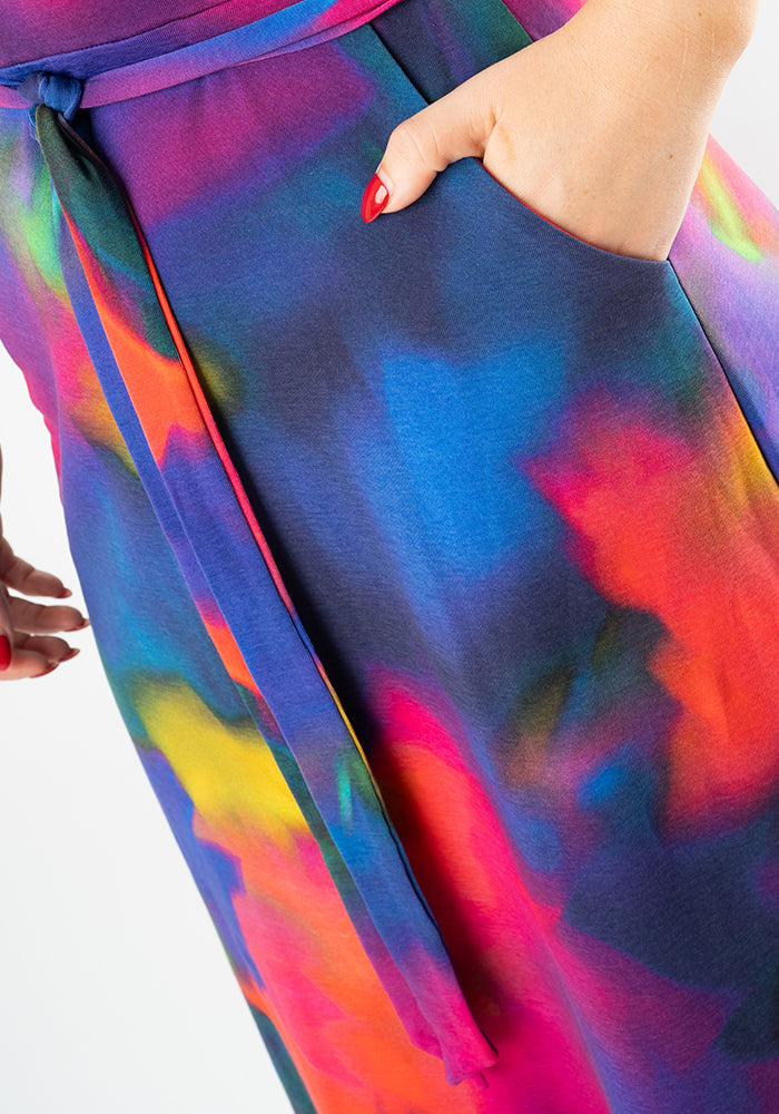 Third angle of Sabia Rainbow Ink Print Cotton Midaxi Dress