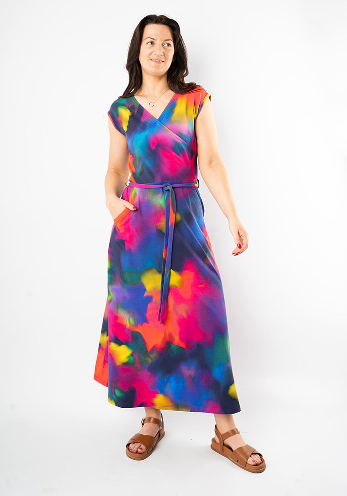 Front view of Sabia Rainbow Ink Print Cotton Midaxi Dress