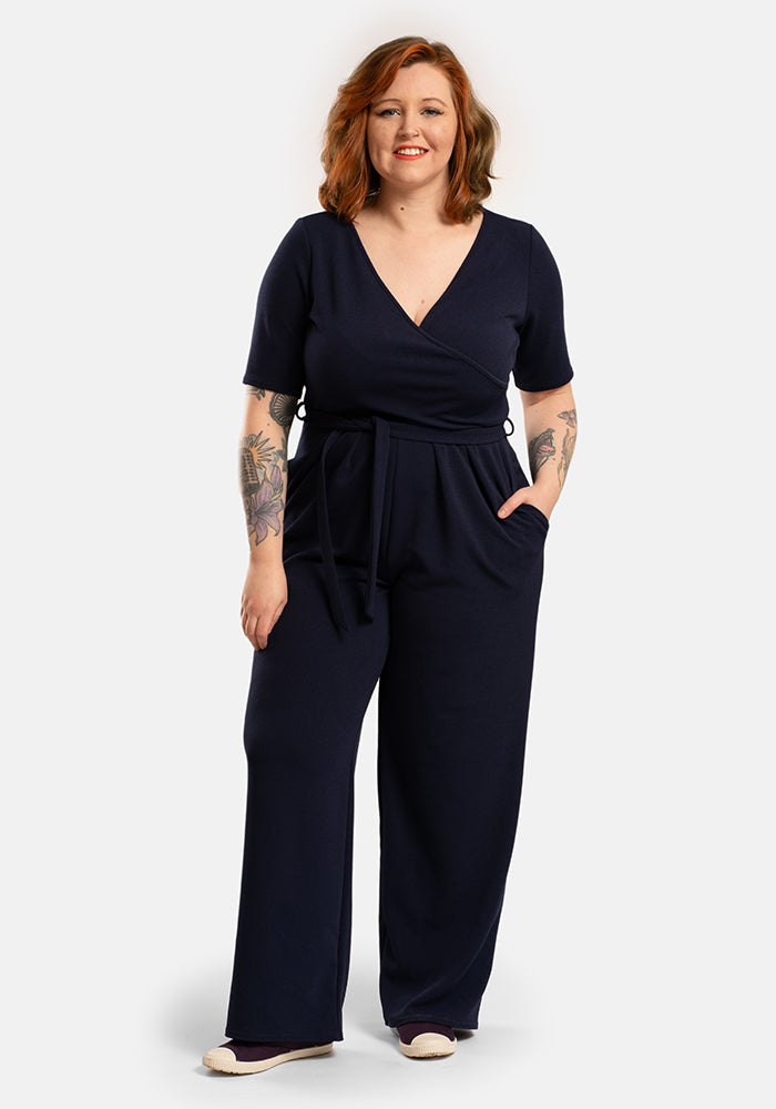 Front view of Sade Plain Navy Full Length Wide Leg Jumpsuit