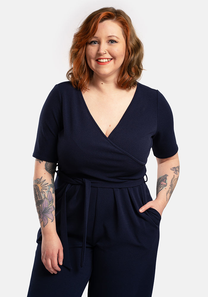 Second angle of Sade Plain Navy Full Length Wide Leg Jumpsuit