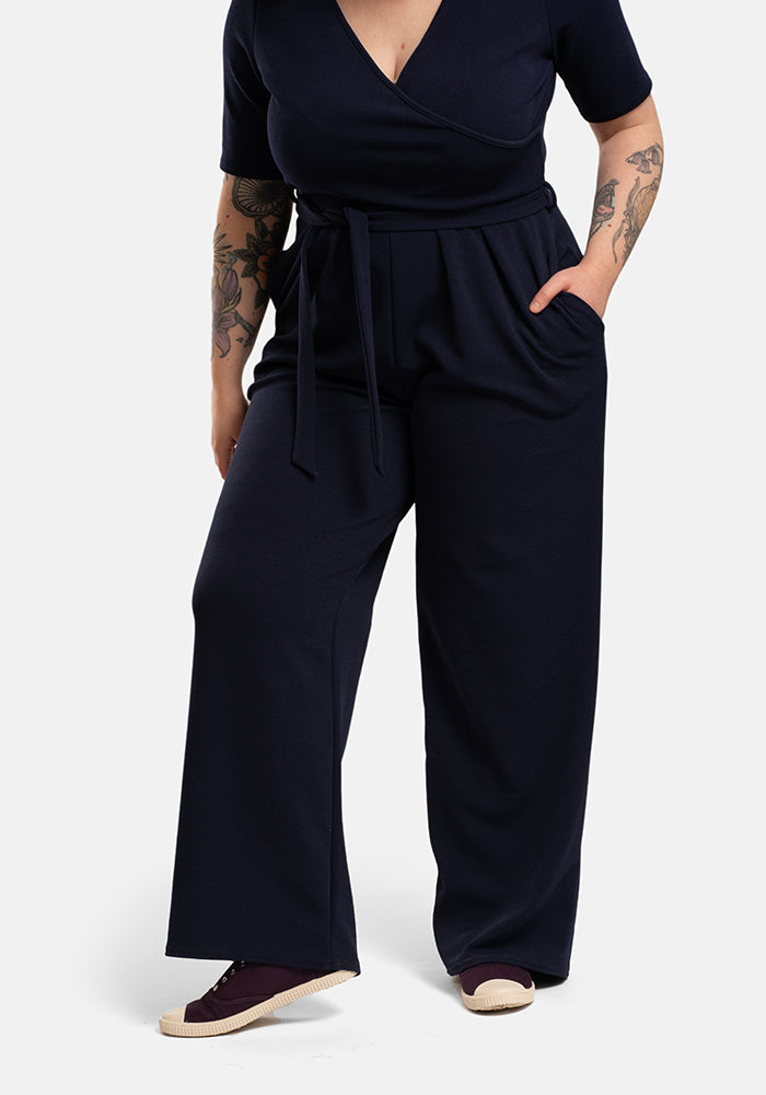 Third angle of Sade Plain Navy Full Length Wide Leg Jumpsuit
