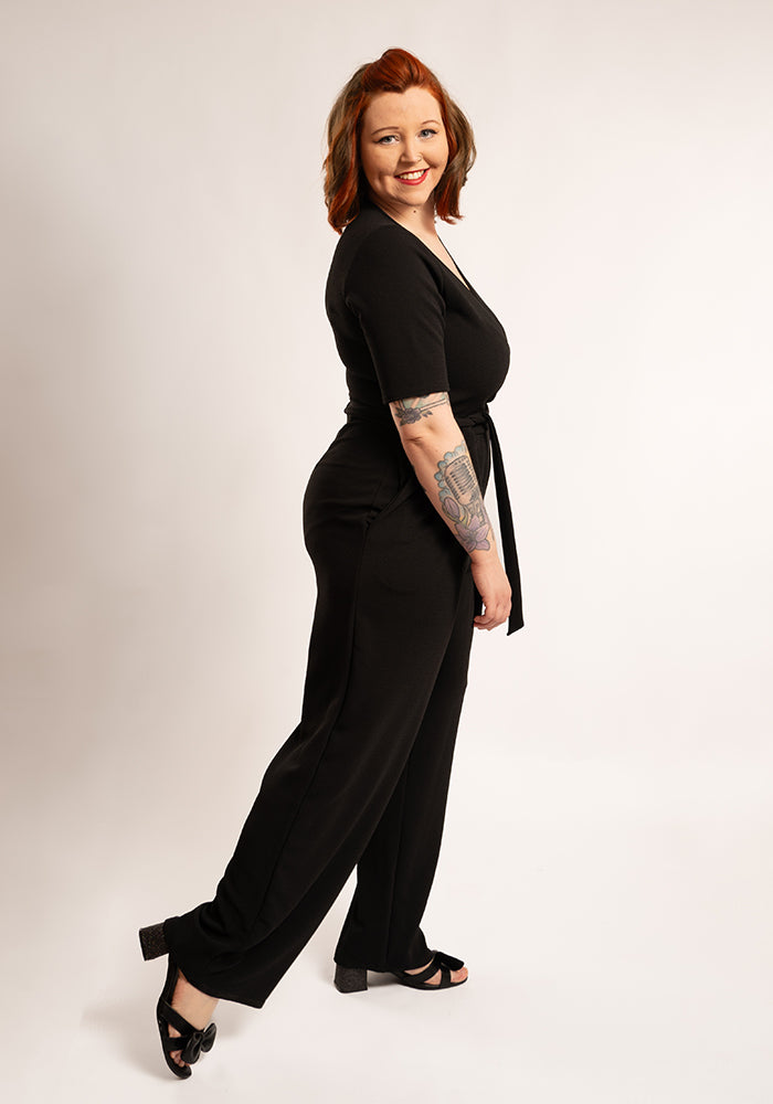 Front view of Sade Plain Black Full Length Jumpsuit