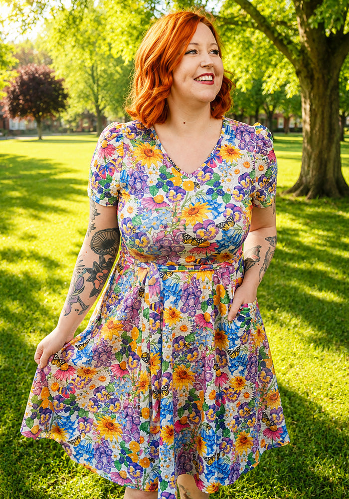 Front view of Sadie-Rae Cottage Garden Floral Print Dress