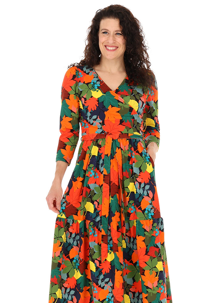 Sage Autumn Leaves Print Cotton Midaxi Dress