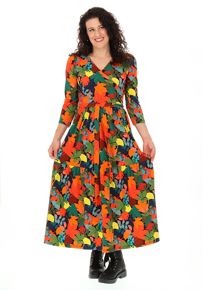 Sage Autumn Leaves Print Cotton Midaxi Dress