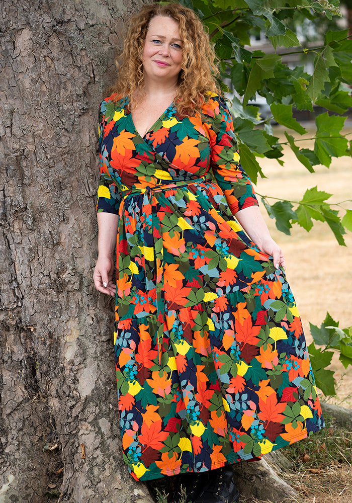 Sage Autumn Leaves Print Cotton Midaxi Dress