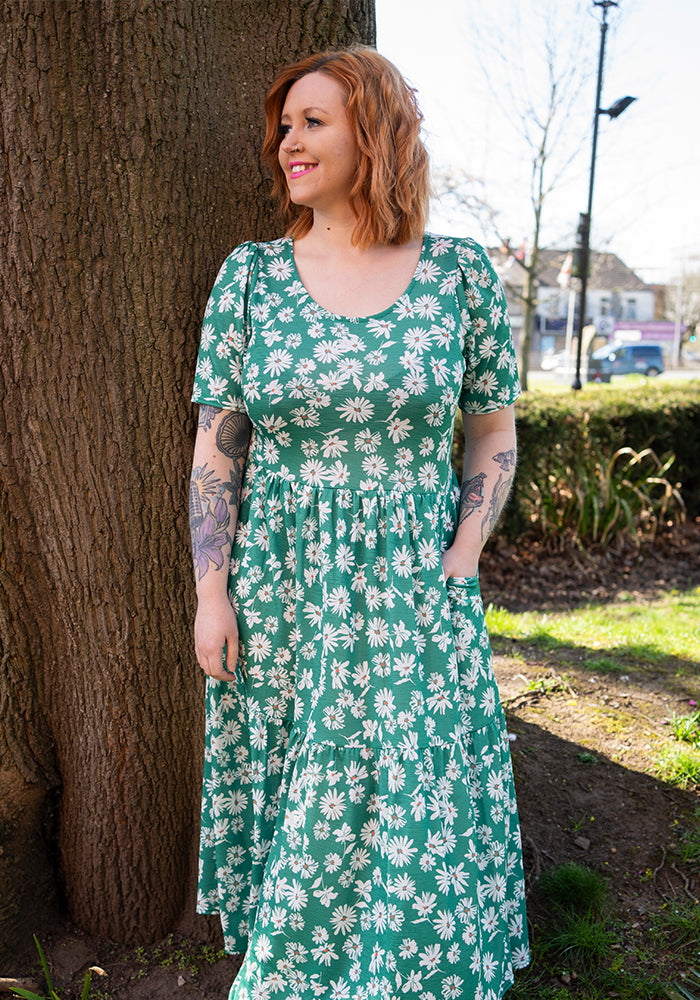 Sarika Green Ditsy Floral Print  Tiered Hem Midaxi Dress