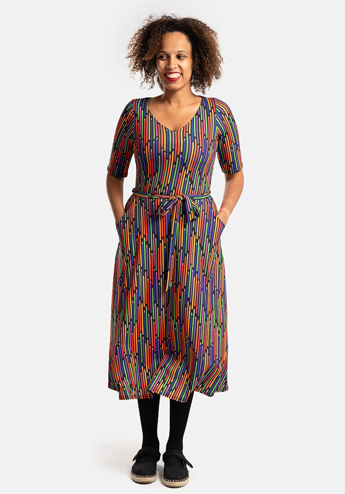 Sandra Colourful Pencils Print Midi Dress