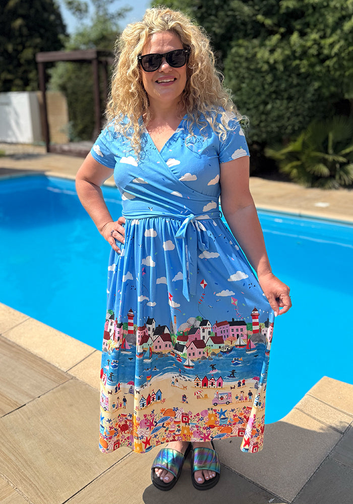 Front view of Sandy Cornish Scene Border Print Midi Dress