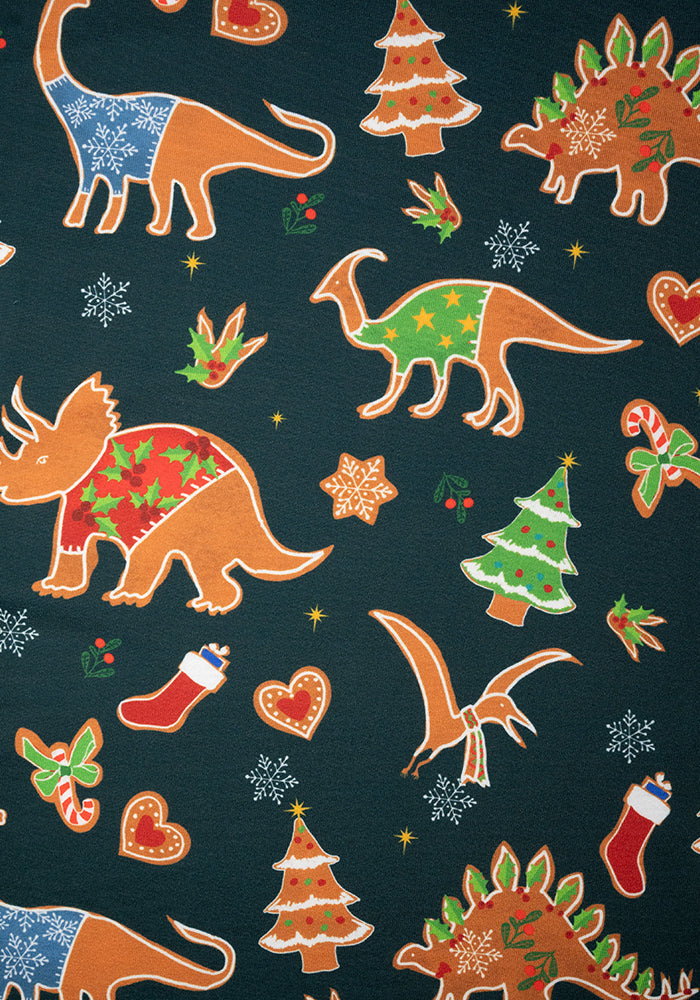 Santasaurus Green Gingerbread Dinosaur Print Dress