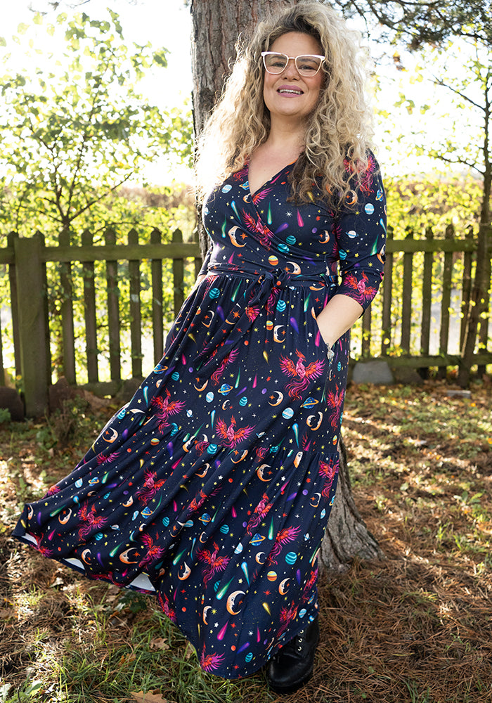 Front view of Saphira Mystical Phoenix Print Midaxi Dress