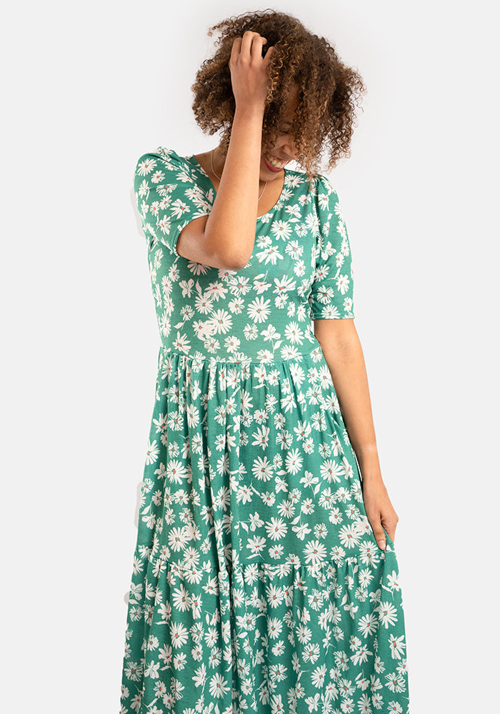 Sarika Green Ditsy Floral Print  Tiered Hem Midaxi Dress