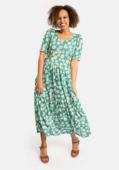Sarika Green Ditsy Floral Print  Tiered Hem Midaxi Dress