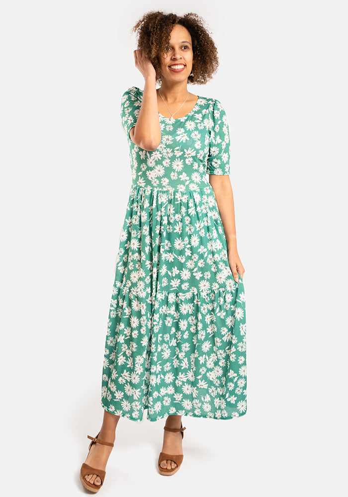 Sarika Green Ditsy Floral Print  Tiered Hem Midaxi Dress