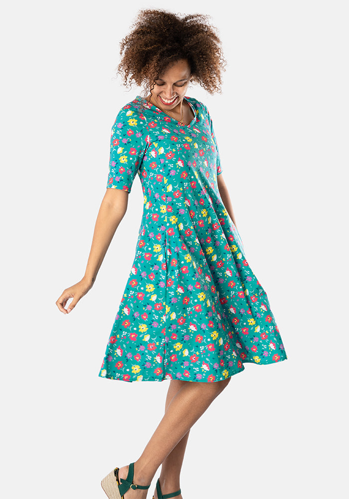 Saskia Bright Ditsy Floral Print Trapeze Dress