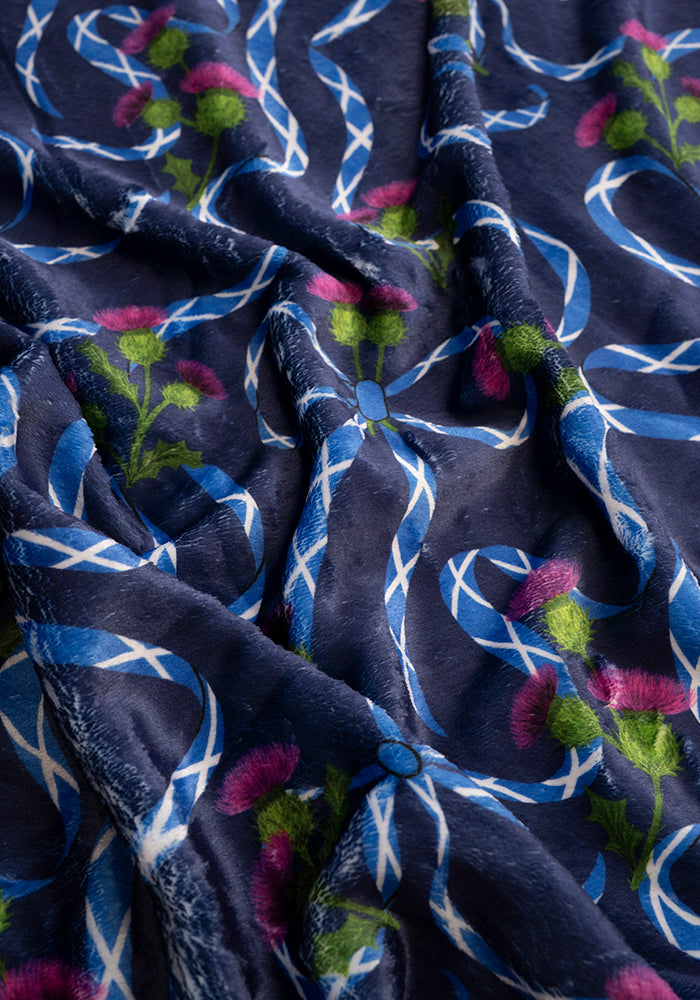 Third angle of Scotland Navy Print Plush Throw Blanket (Pop-Under), navy Plush Blanket from Popsy Clothing.