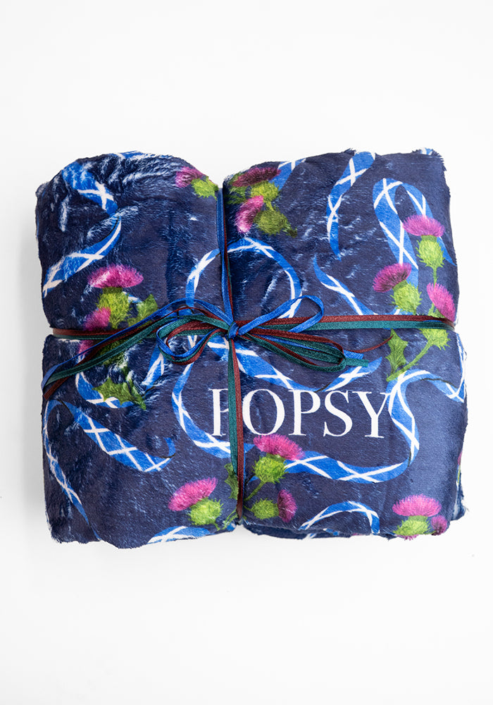 Front view of Scotland Navy Print Plush Throw Blanket (Pop-Under), navy Plush Blanket from Popsy Clothing.