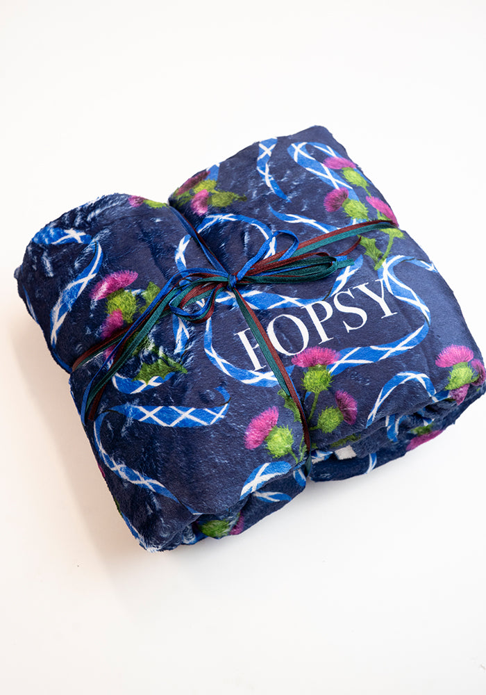 Fourth angle of Scotland Navy Print Plush Throw Blanket (Pop-Under), navy Plush Blanket from Popsy Clothing.