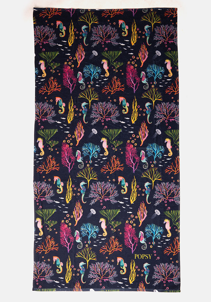 Front view of Seahorse &amp; Coral Print Large Towel