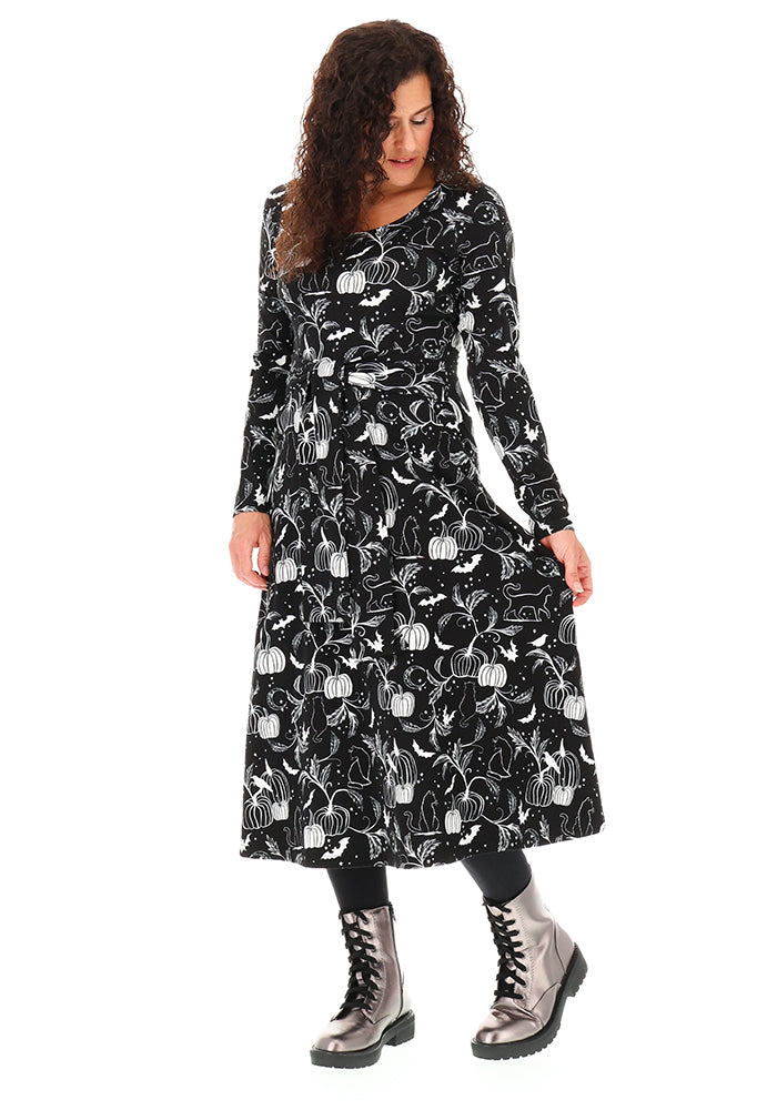 Selena Mono Pumpkin &amp; Cat Print Cotton Midi Dress