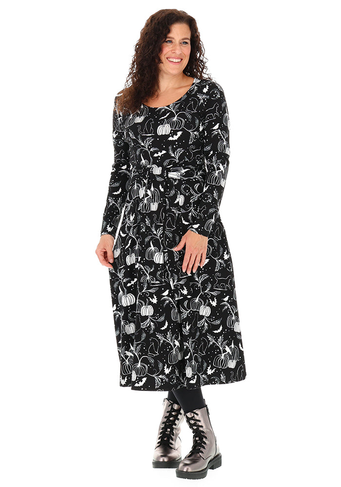 Selena Mono Pumpkin &amp; Cat Print Cotton Midi Dress