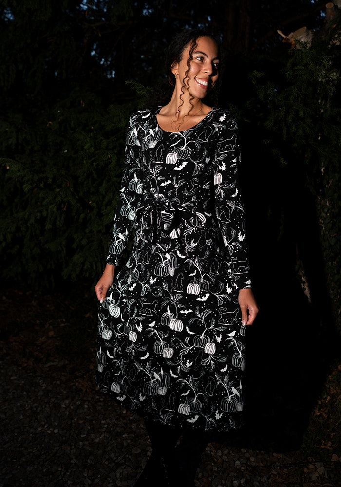 Selena Mono Pumpkin &amp; Cat Print Cotton Midi Dress