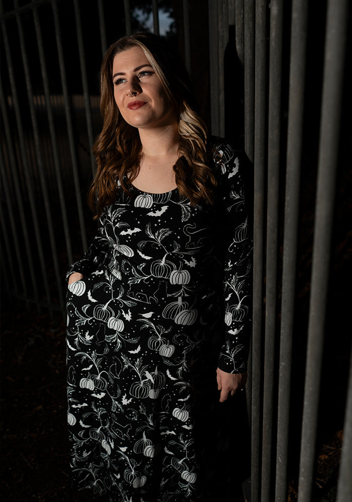 Selena Mono Pumpkin &amp; Cat Print Cotton Midi Dress