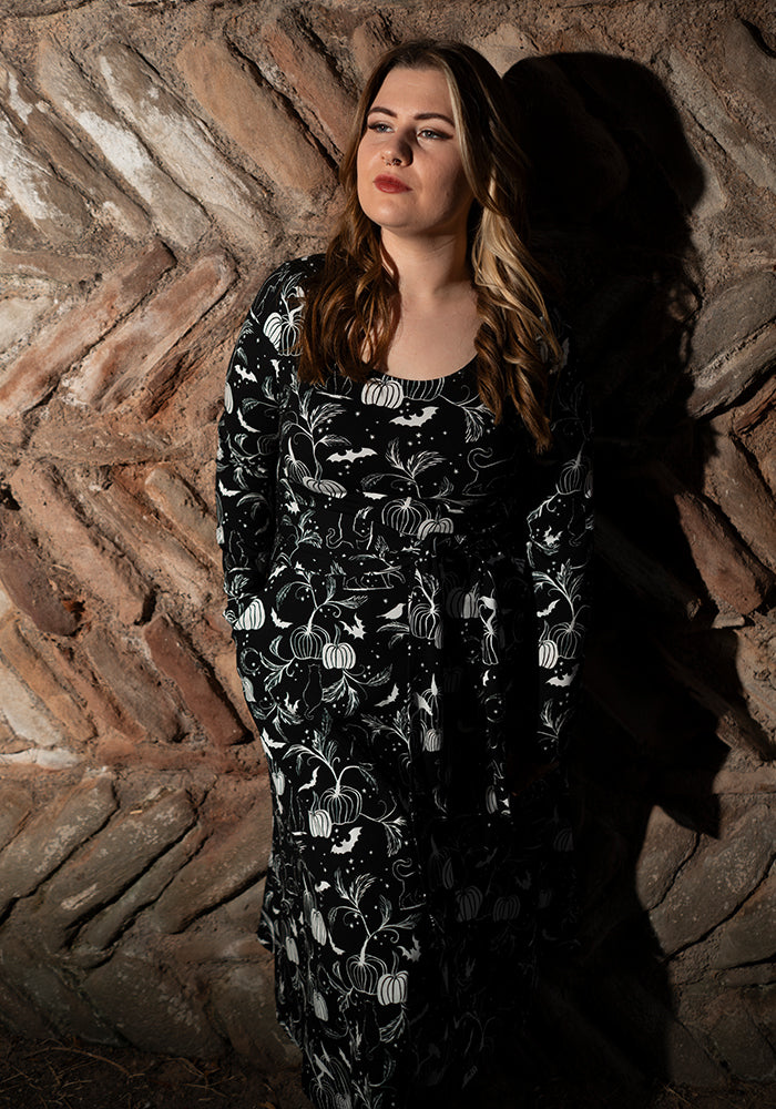 Selena Mono Pumpkin &amp; Cat Print Cotton Midi Dress