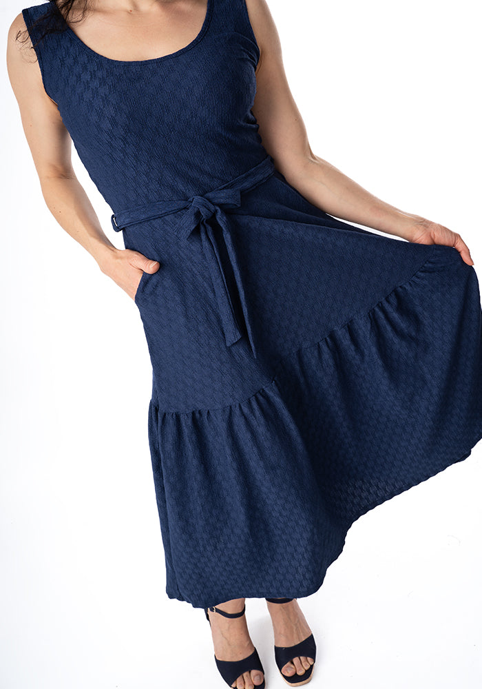 Sixth angle of Shae Navy Oval Textured Tiered Hem Midi Dress