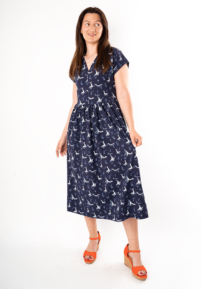 Shaela Whale Print Cotton Midi Dress