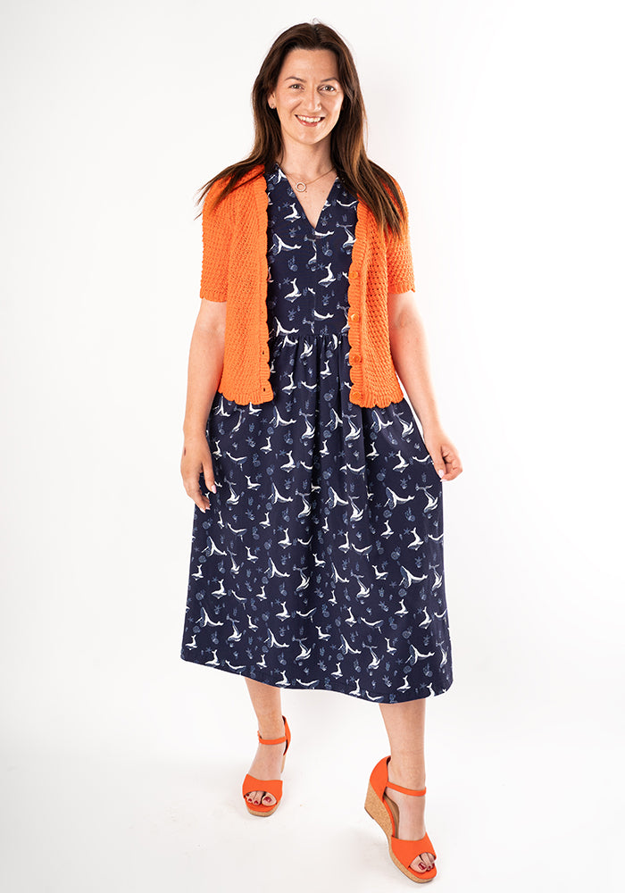 Shaela Whale Print Cotton Midi Dress