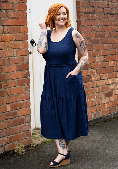Shae Navy Oval Textured Tiered Hem Midi Dress
