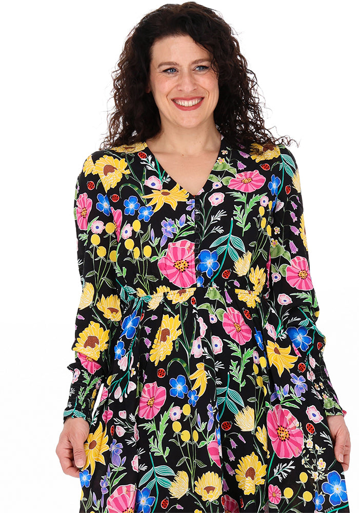 Shanti Black Bold Floral Print Handkerchief Hem Dress