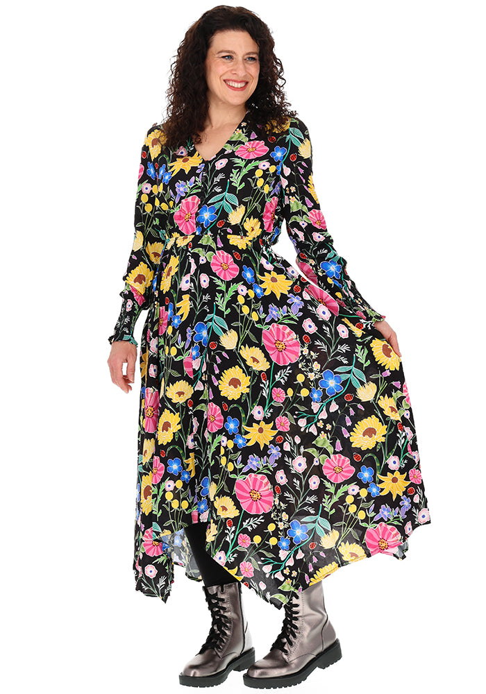 Shanti Black Bold Floral Print Handkerchief Hem Dress