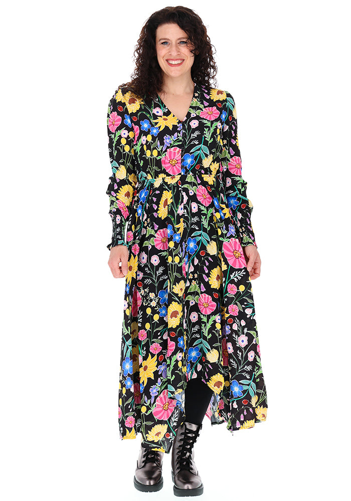Shanti Black Bold Floral Print Handkerchief Hem Dress