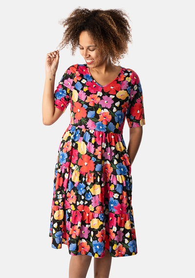 Shari Painted Flowers Print Tiered Hem Dress