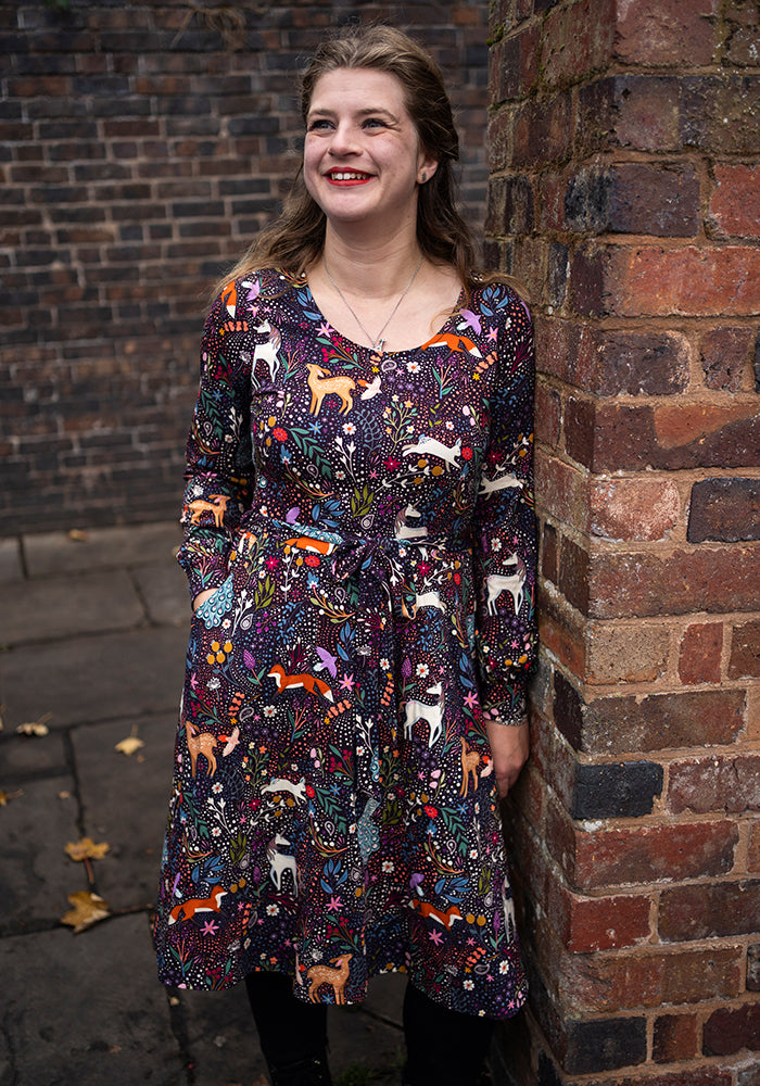 Front view of Shawna Magical Woods Berry Print Cotton Dress
