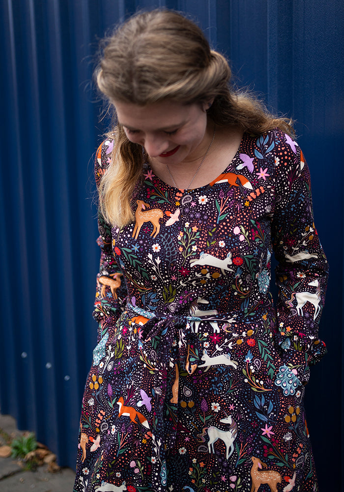 Eighth angle of Shawna Magical Woods Berry Print Cotton Dress