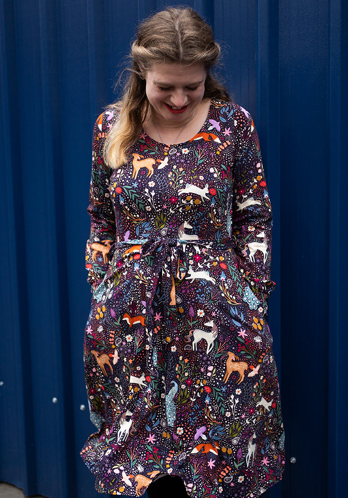 Sixth angle of Shawna Magical Woods Berry Print Cotton Dress