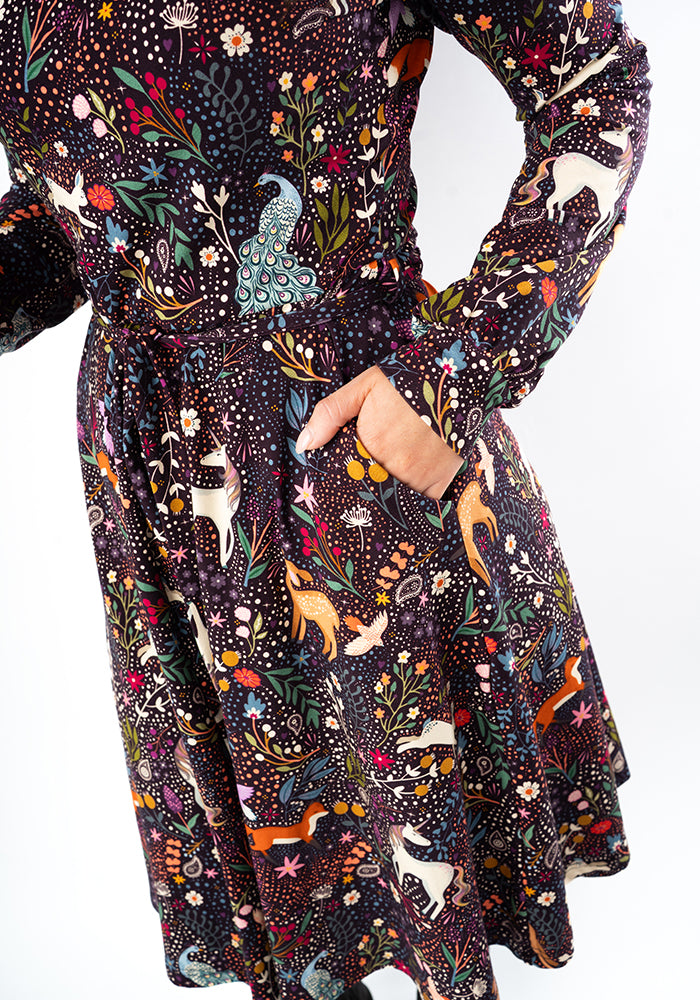 Fifth angle of Shawna Magical Woods Berry Print Cotton Dress