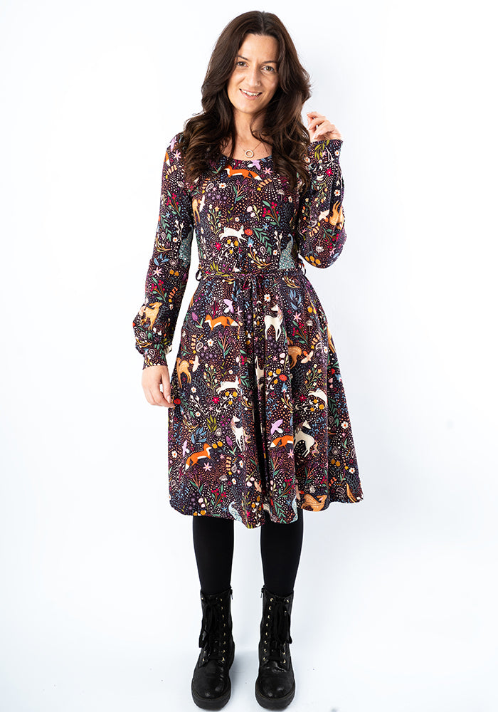 Third angle of Shawna Magical Woods Berry Print Cotton Dress