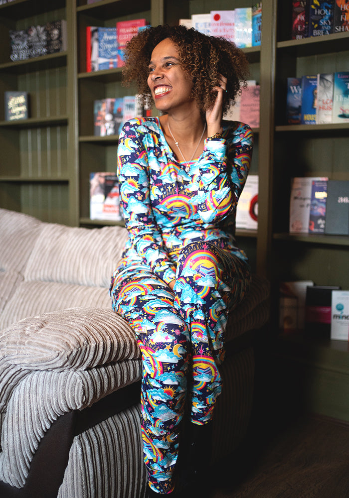Third angle of Shelbie Rainbow Books Print Pyjama Set, our peach skin nightwear fabric is designed with comfort in mind.
